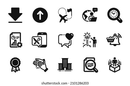 Vector set of Food app, Success and Check article icons simple set. Destination flag, Report and Notification cart icons. Augmented reality, Creative idea and Downloading signs. Vector