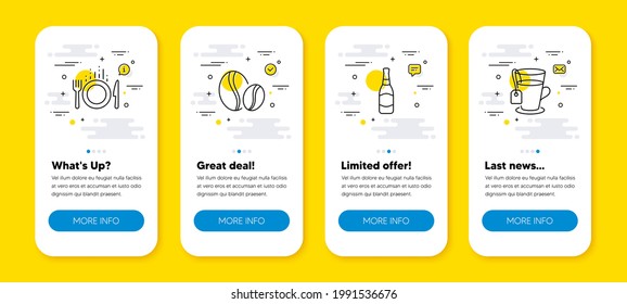 Vector set of Food, Beer bottle and Coffee beans line icons set. UI phone app screens with line icons. Tea icon. Cutlery, Brewery, Whole bean. Glass mug. Phone UI banners. Food line icon. Vector