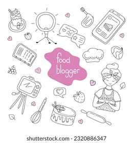 Vector set of food blogger illustrations in doodle style