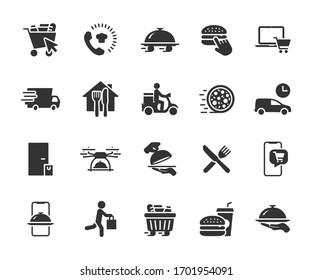 Vector set of food delivery flat icons. Contains icons food basket, online order, food at home, contactless delivery, fast food, courier, restaurant at home and more. Pixel perfect.