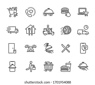 Vector set of food delivery line icons. Contains icons food basket, online order, food at home, contactless delivery, fast food, courier, restaurant at home and more. Pixel perfect.