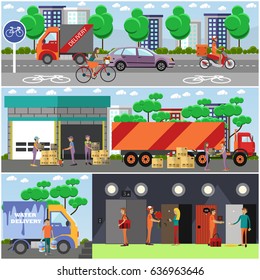 Vector set of food delivery posters, banners. Couriers delivering food by bicycle, truck and by motor scooter. Flower and water delivery. Flat style design.