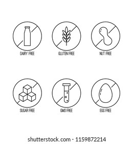 Vector set of food diet labels for non GMO foods, sugar and allergens. Icons in linear style.