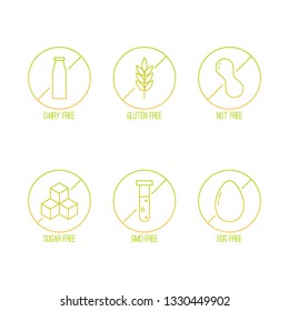 Vector set of food diet labels for non GMO foods, sugar and allergens. Icons in linear style.