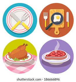 vector set of food and dish icons in flat design style