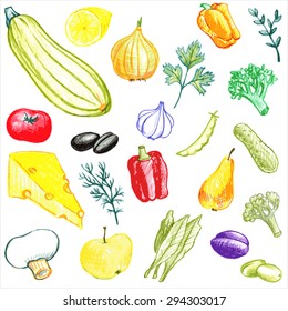 vector set of food drawing by color pencil, doodle vegetables, fruits and cheese, hand drawn isolated elements