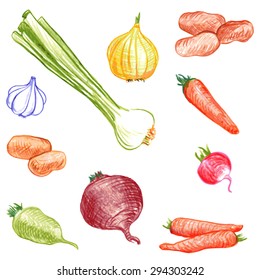 vector set of food drawing by color pencil, doodle vegetables, fruits and cheese, hand drawn vector elements