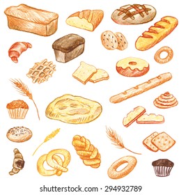 vector set of food drawing by color pencil, doodle bread and baking, hand drawn elements