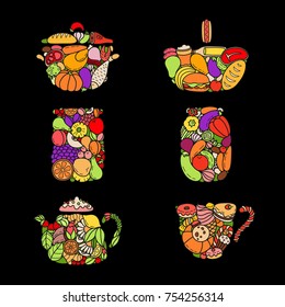 Vector set food and drink creative logo graphic element. Sweets and picnic food, eco products in creative doodle composition. Home made product logo, tea and coffee shop logo element.