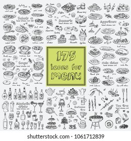 Vector set with food and drink hand drawn doodles. Sandwiches, Tea time soups, salads, main dishes, alcoholic drinks, appetizers, desserts, barbecue Illustration for menus, recipes