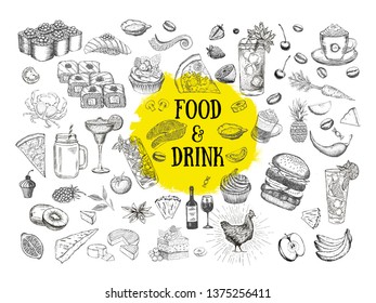 Vector set with food and drink hand drawn 