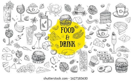 Vector set with food and drink. Hand drawn food elements.