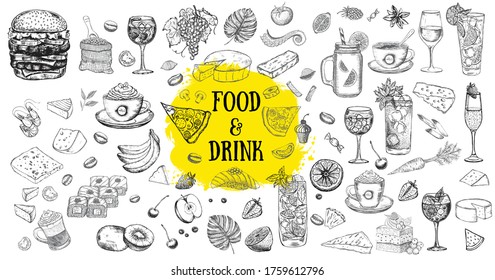 Vector set with food and drink hand drawn	