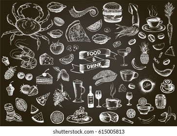 Vector set with food and drink hand drawn 