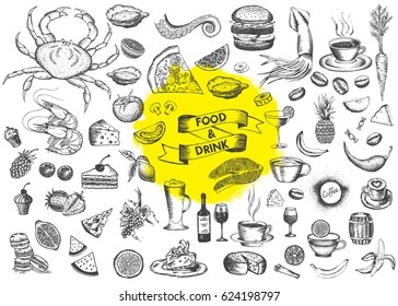 Vector set with food and drink hand drawn