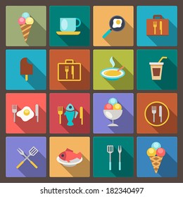 vector set of food and drink icons in flat design style