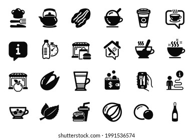 Vector Set of Food and drink icons related to Peas, Tea cup and Food icons. Market, Mint leaves and Double latte signs. Cold coffee, Ice cream and Teapot. Coffee cup, Food delivery. Vector