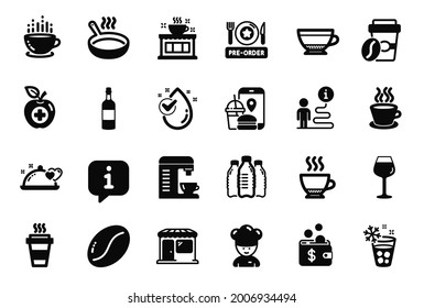Vector Set of Food and drink icons related to Market, Espresso and Coffee cup icons. Medical food, Takeaway and Food app signs. Cooking chef, Ice maker and Tea cup. Bordeaux glass. Vector