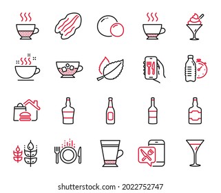 Vector Set of Food and drink icons related to Mint leaves, Beer and Ice cream icons. Scotch bottle, Food app and Restaurant app signs. Peas, Martini glass and Espresso. Fitness water, Wine. Vector