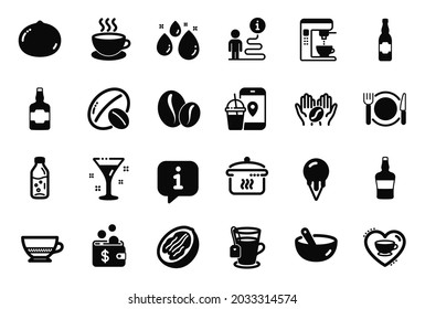 Vector Set of Food and drink icons related to Cappuccino, Soy nut and Beer bottle icons. Pecan nut, Coffee maker and Food app signs. Water bottle, Tea and Boiling pan. Coffee beans. Vector