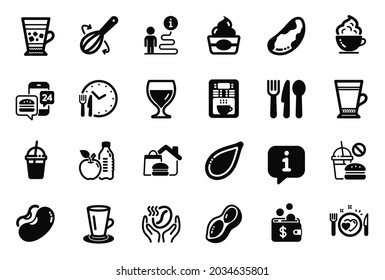 Vector Set of Food and drink icons related to Latte, Coffee and Fast food icons. Frappe, Brazil nut and Food delivery signs. Coffee maker, Pumpkin seed and Cooking whisk. Ice cream, Beans. Vector