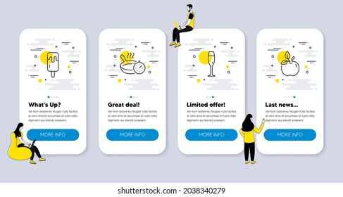 Vector Set of Food and drink icons related to Frying pan, Ice cream and Champagne glass icons. UI phone app screens with people. Eco food line symbols. Cooking timer, Sundae stick, Winery. Vector