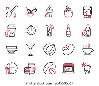 Vector Set of Food and drink icons related to Americano, Cooking spoon and Beer bottle icons. Ice cream milkshake, Cooking whisk and Takeaway coffee signs. Americano web symbol. Vector
