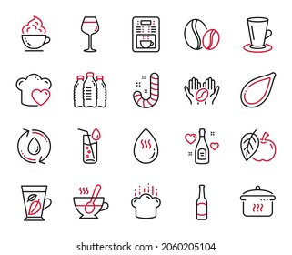 Vector Set of Food and drink icons related to Refill water, Apple and Coffee maker icons. Coffee, Mint leaves and Beer signs. Cooking hat, Water glass and Love champagne. Love cooking. Vector