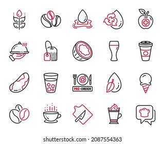Vector Set of Food and drink icons related to Recycle water, Latte coffee and Takeaway coffee icons. Ice cream, Cutting board and Water splash signs. Cooking hat, Beer glass and Coconut. Vector