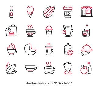 Vector Set of Food and drink icons related to Healthy food, Coffee cocktail and Market icons. Restaurant food, Takeaway coffee and Champagne signs. Tea, Whiskey glass and Cashew nut. Mocha. Vector