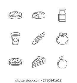 Vector conjunto de alimentos y bebidas iconos incluyendo tarro de pan de hamburguesa café hot dog naranja sandwich pastel manzana sobre fondo blanco