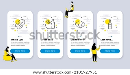 Vector Set of Food and drink icons related to Ice creams, Pecan nut and Apple icons. UI phone app screens with people. Brandy bottle line symbols. Vanilla waffle, Vegetarian food, Diet food. Vector