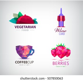 Vector set of food and drink logos, icons. Berries, coffee faceted, restaurant, wine signs.