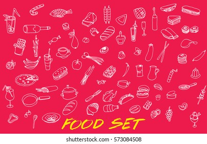 Vector set with food and drink. Vegetables, fruits and meat. Stylized food. Hand drawn set for menu design.