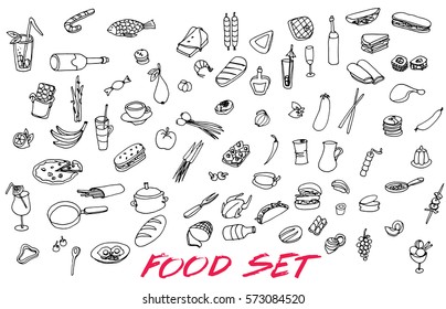 Vector set with food and drink. Vegetables, fruits and meat. Stylized food. Hand drawn set for menu design.