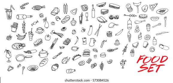 Vector set with food and drink. Vegetables, fruits and meat. Stylized food. Hand drawn set for menu design.