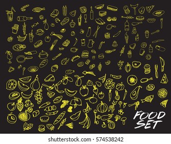 Vector set with food and drink. Vegetables, fruits and meat. Stylized food. Hand drawn set for menu cafe and restaurant.