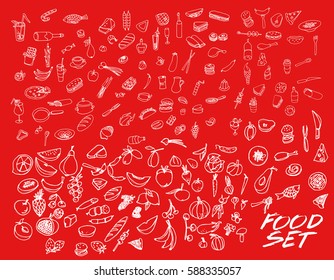 Vector set with food and drink. Vegetables, fruits and meat. Stylized food. Hand drawn set for menu cafe and restaurant.