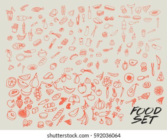 Vector set with food and drink. Vegetables, fruits and meat. Stylized food. Hand drawn set for menu cafe and restaurant.