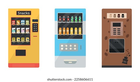 Vector set of food and drink vending machines in cartoon style. Chips, cookies, cola, coffee, tea in free and convenient access. Lots of snack options.