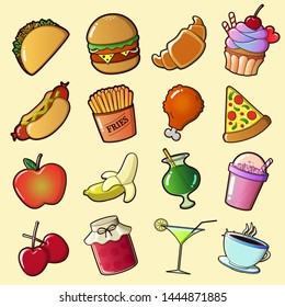 Vector Set Of Food And Drinks - Burger, Taco, Chicken Leg, Pizza, Fries, Hotdog, Croissant, Cupcake, Apple, Banana, Cherries, Jam Jar, Smoothie, Milk Cocktail, Martini And Coffee