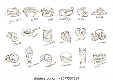 Vector set of food and drinks elements with inscriptions. Doodle icons. Desserts, sweet pastries, fastfood, fruits, cucumbers, meat, salad, soup