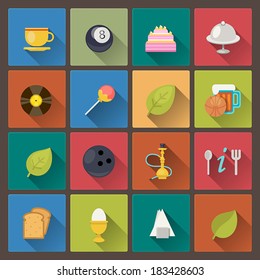 Vector set of food and entertainment icons in flat design style