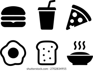 Vector set of food icons featuring burger, drink, pizza slice, fried egg, bread slice, and hot meal. Perfect for menus, restaurants, apps, delivery services, and culinary designs.