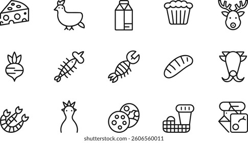 vector set of food icons | Hand-drawn food and drink icon set with wine and various illustrations | restaurant, menu, beverage, cocktail, beer, coffee, tea, juice, soda, milk, gourmet, cuisine, meal
