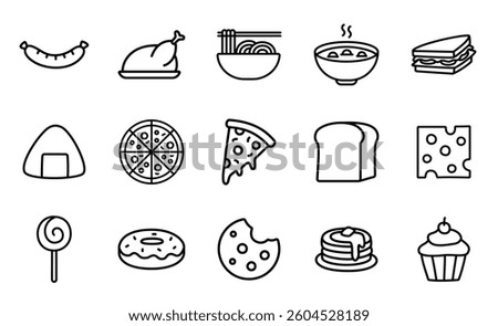 A vector set of food icons, including pizza, bread, sandwich, donut, and more in outlined style, isolated on a white background. Ideal for restaurants, bakeries, menus, and culinary designs.