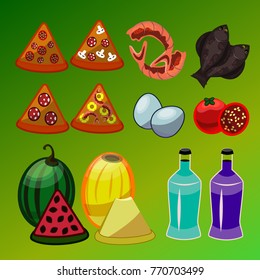 Vector set of food icons; isolated elements ; shrimp, flounder, cherry tomato, different kind of pizza, eggs, melon, watermelon, two different colors bottle.
