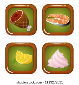 Vector Set Of Food Icons With Meat, Fish, Lemon And Zephyr Marshmellow On Green Background With Wooden Frame. Isolated Elements On White Background. Perfect For Cooking Games And Other Design Works.