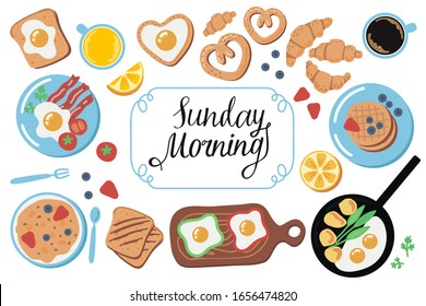 Vector set of food icons: scrambled eggs, coffee, orange juice, bacon, pancakes, fruit, croissants. Scrapbook collection of breakfast dishes. Handwritten inscription "Sunday morning".