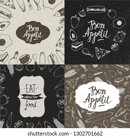 Vector set of food illustration banners, posters, cards, covers. Vegetables, fruit, meat, fish, dessert hand drawn backgrounds, vintage style